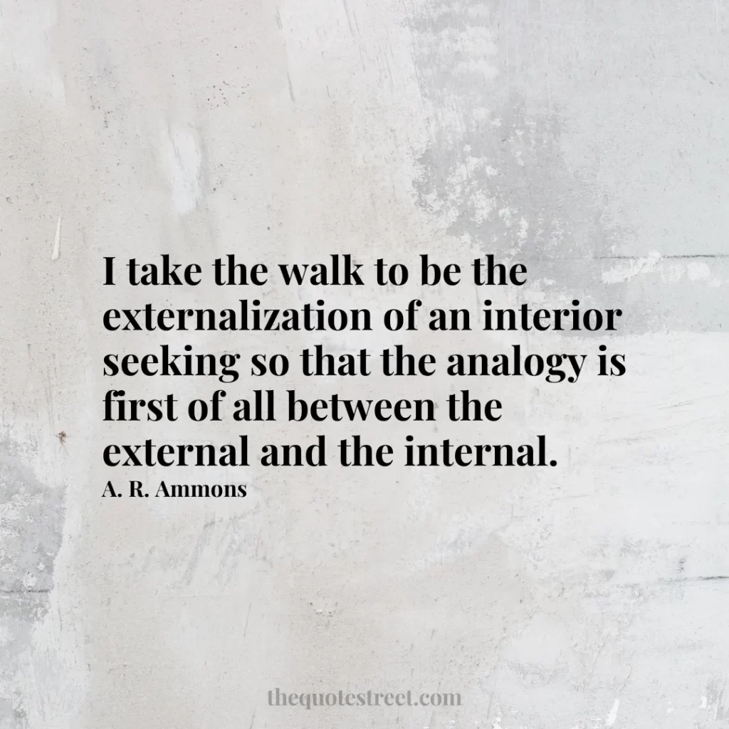 I take the walk to be the externalization of an interior seeking so that the analogy is first of all between the external and the internal. - A. R. Ammons
