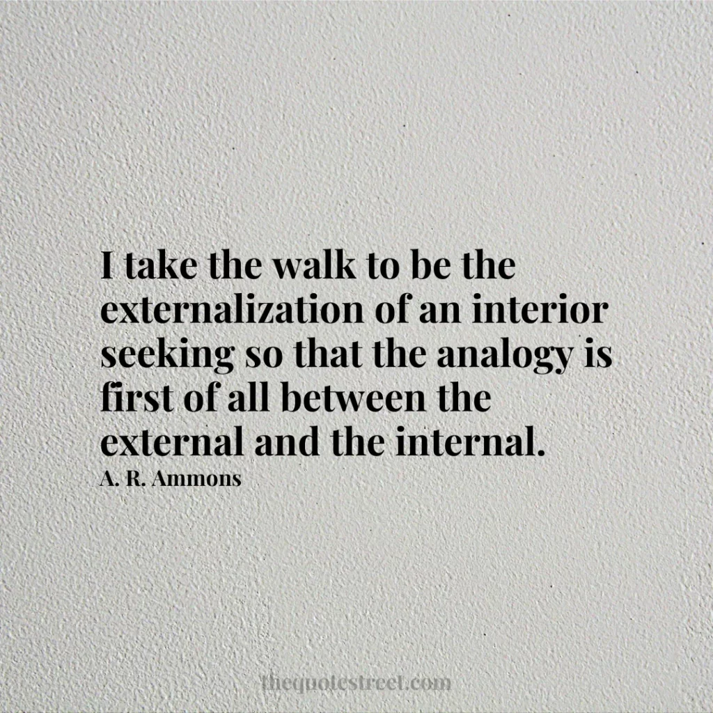 I take the walk to be the externalization of an interior seeking so that the analogy is first of all between the external and the internal. - A. R. Ammons