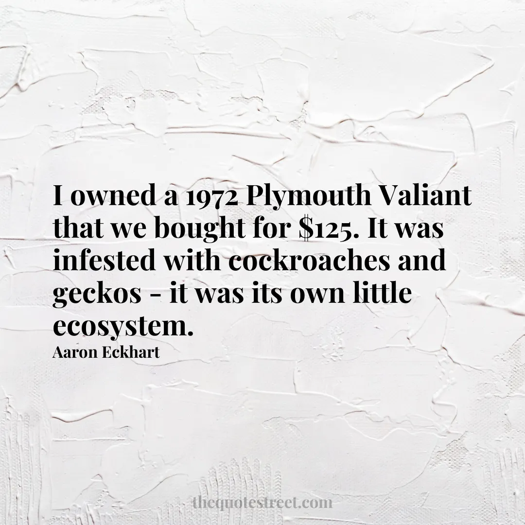 I owned a 1972 Plymouth Valiant that we bought for $125. It was infested with cockroaches and geckos - it was its own little ecosystem. - Aaron Eckhart