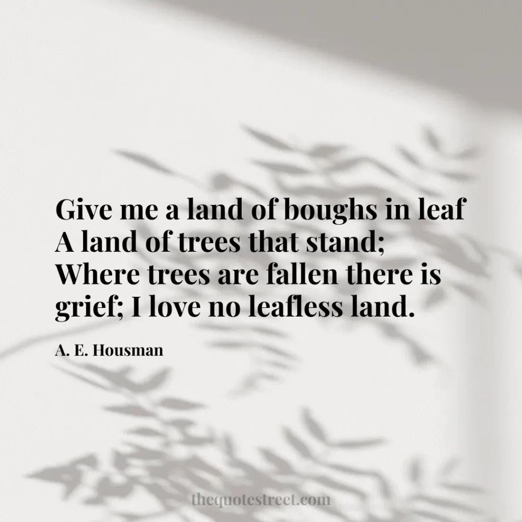 Give me a land of boughs in leaf A land of trees that stand; Where trees are fallen there is grief; I love no leafless land. - A. E. Housman