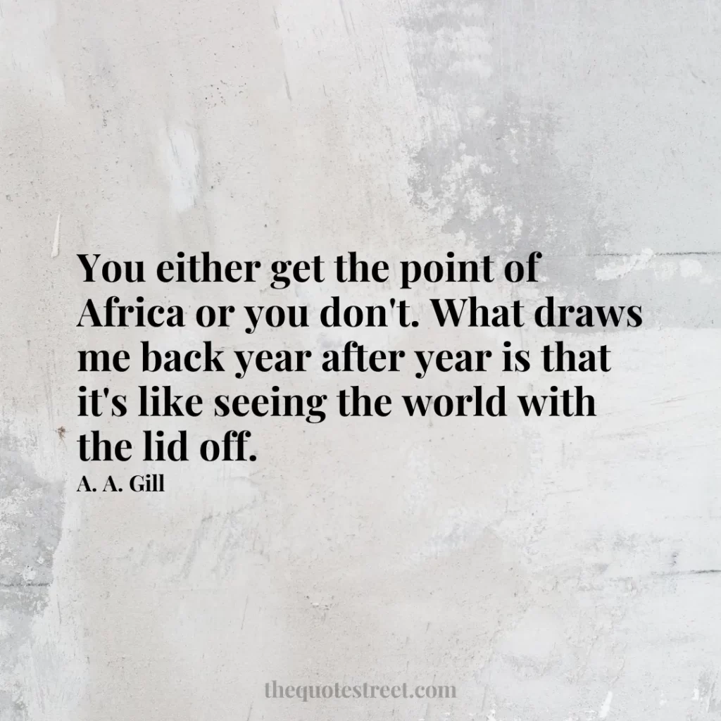 You either get the point of Africa or you don't. What draws me back year after year is that it's like seeing the world with the lid off. - A. A. Gill