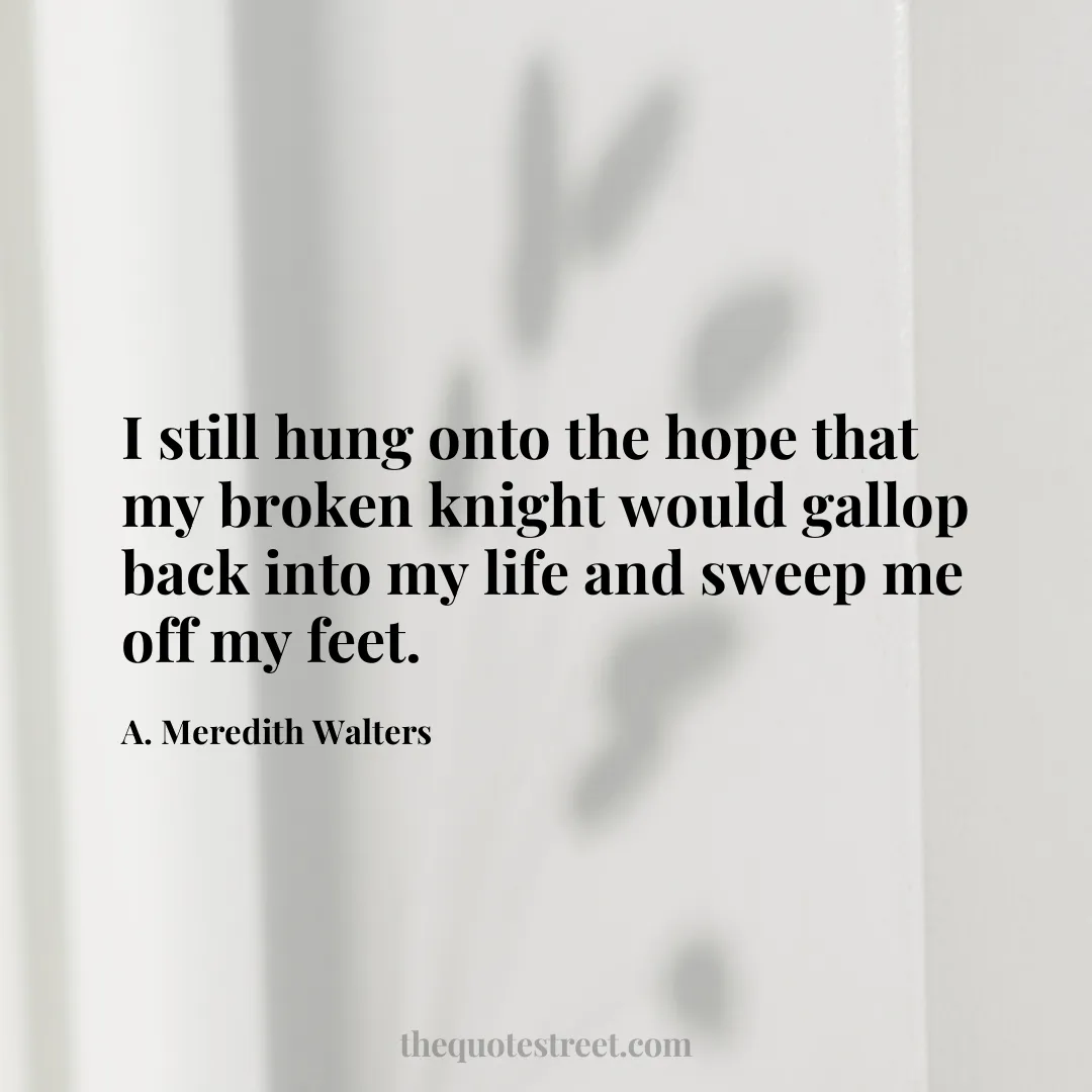 I still hung onto the hope that my broken knight would gallop back into my life and sweep me off my feet. - A. Meredith Walters