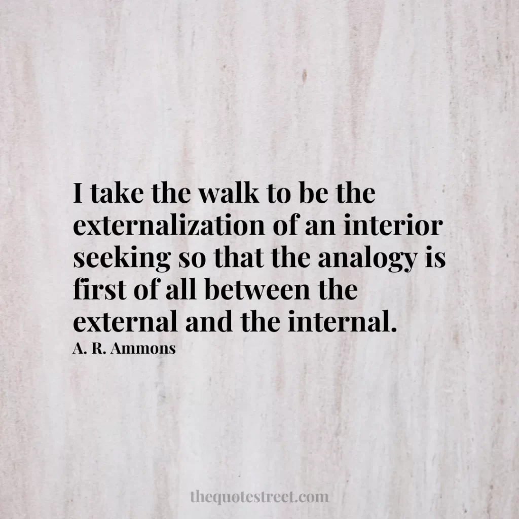 I take the walk to be the externalization of an interior seeking so that the analogy is first of all between the external and the internal. - A. R. Ammons