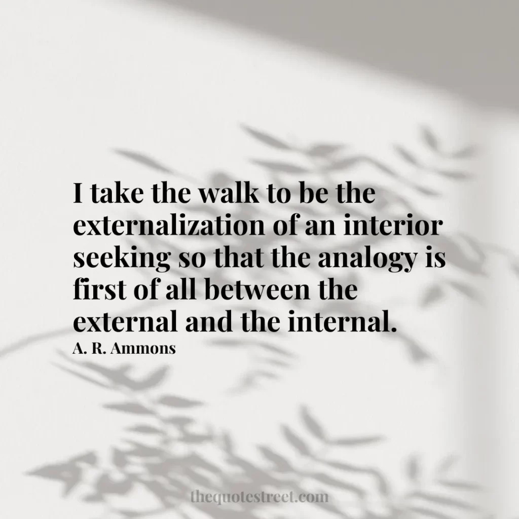 I take the walk to be the externalization of an interior seeking so that the analogy is first of all between the external and the internal. - A. R. Ammons