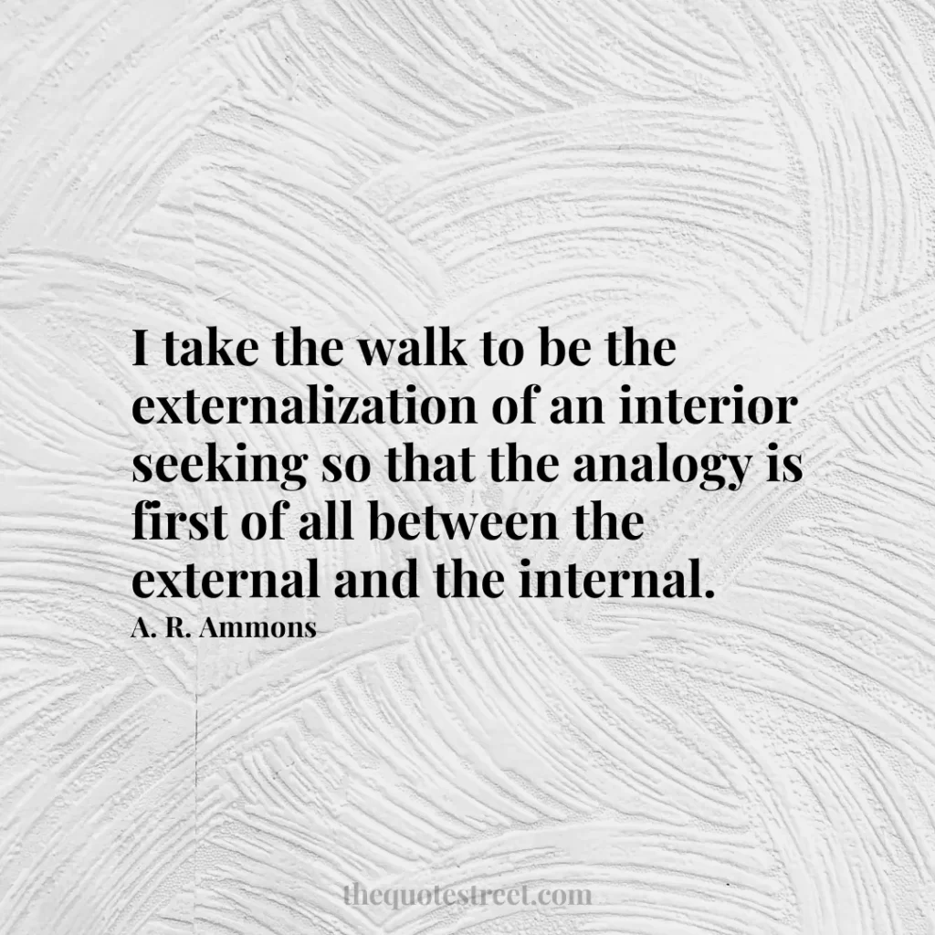 I take the walk to be the externalization of an interior seeking so that the analogy is first of all between the external and the internal. - A. R. Ammons