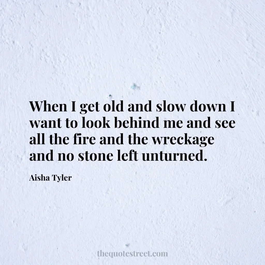 When I get old and slow down I want to look behind me and see all the fire and the wreckage and no stone left unturned. - Aisha Tyler