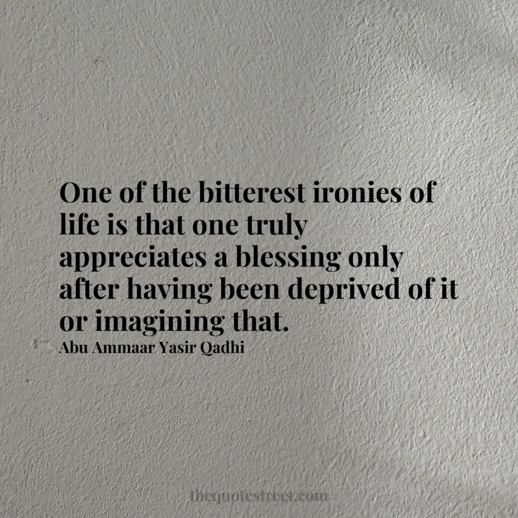 One of the bitterest ironies of life is that one truly appreciates a blessing only after having been deprived of it or imagining that. - Abu Ammaar Yasir Qadhi
