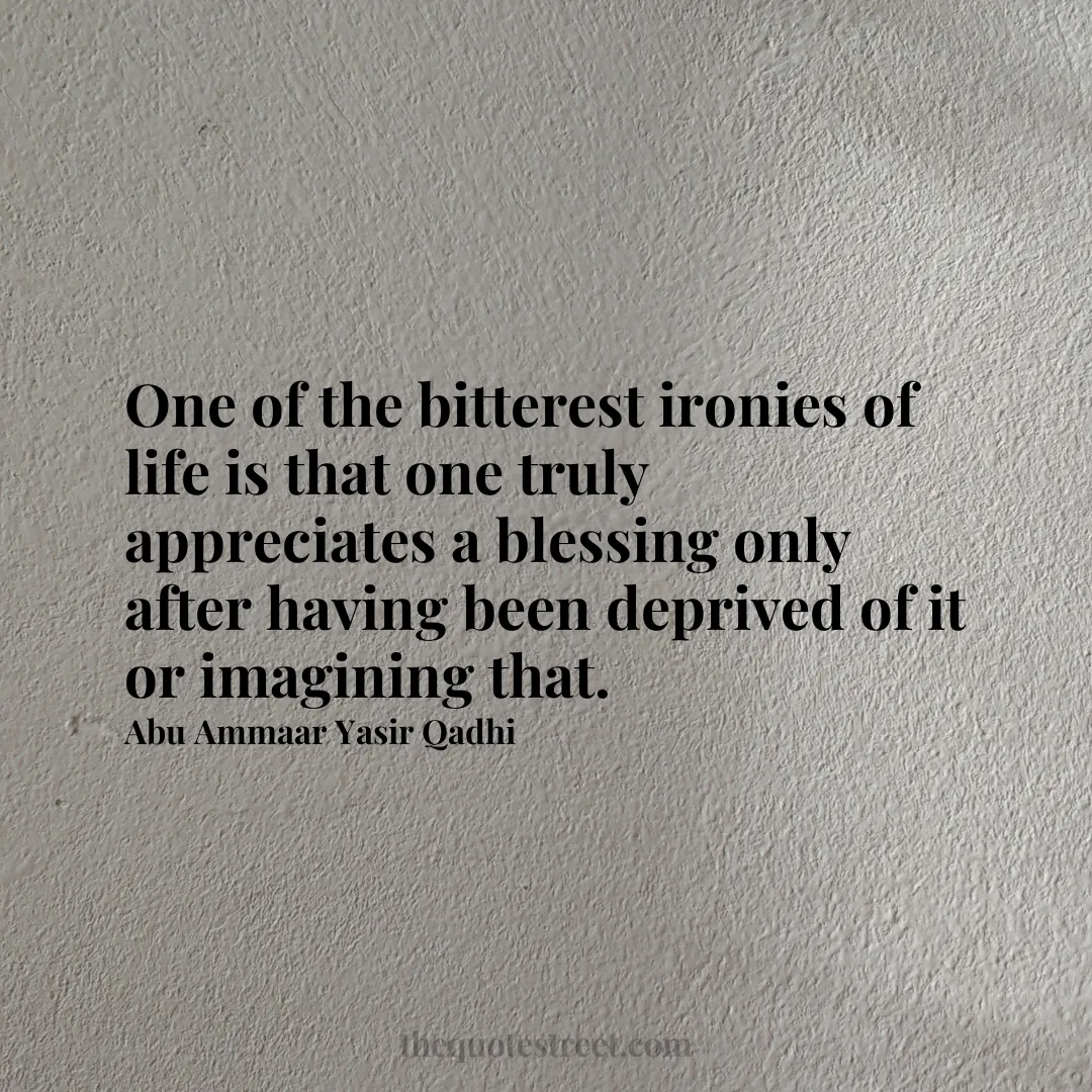 One of the bitterest ironies of life is that one truly appreciates a blessing only after having been deprived of it or imagining that. - Abu Ammaar Yasir Qadhi