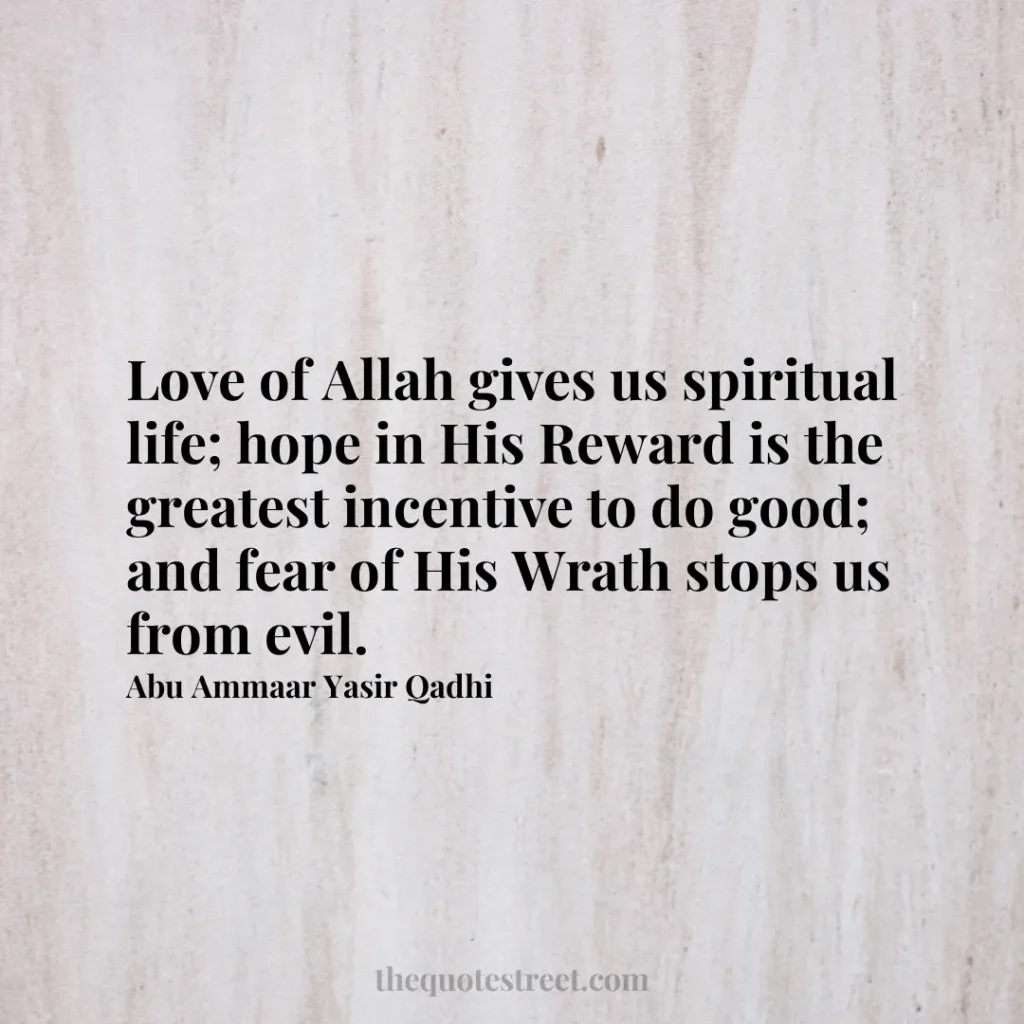 Love of Allah gives us spiritual life; hope in His Reward is the greatest incentive to do good; and fear of His Wrath stops us from evil. - Abu Ammaar Yasir Qadhi