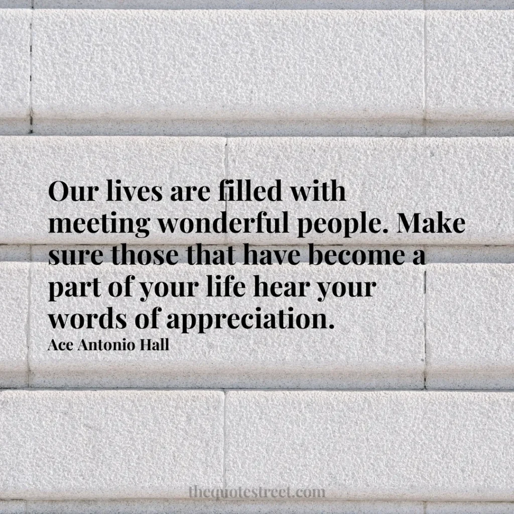Our lives are filled with meeting wonderful people. Make sure those that have become a part of your life hear your words of appreciation. - Ace Antonio Hall
