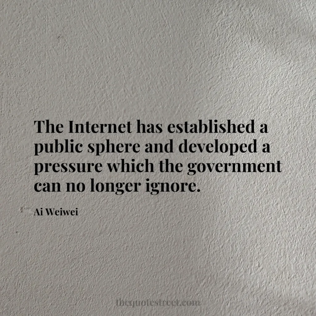 The Internet has established a public sphere and developed a pressure which the government can no longer ignore. - Ai Weiwei