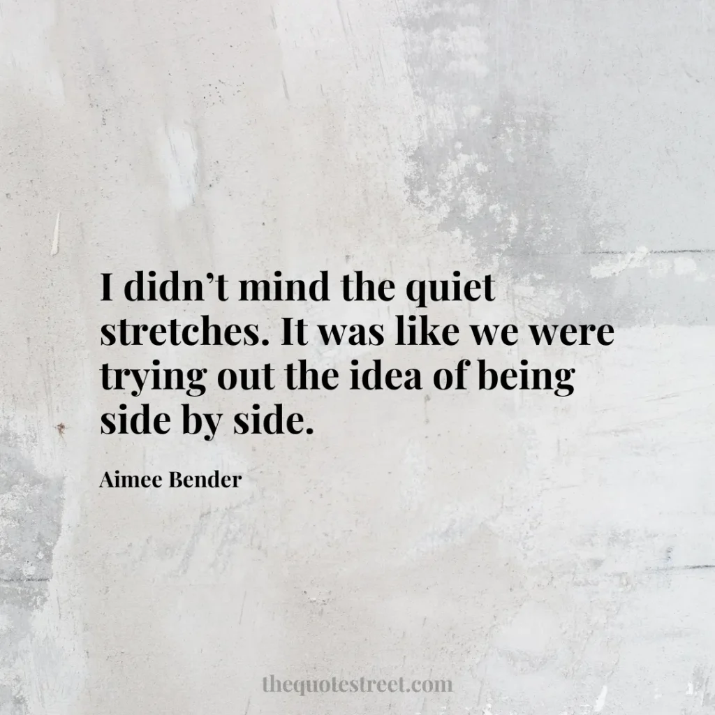 I didn’t mind the quiet stretches. It was like we were trying out the idea of being side by side. - Aimee Bender